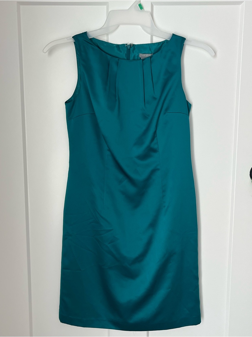 Ann Taylor Sleeveless Teal Satin Sheath Dress